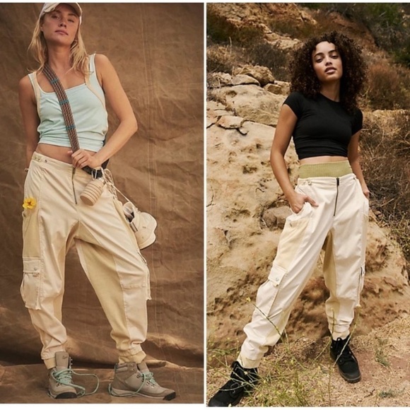 New Free People Fast Track Cargo Utility Pants Baggy Slouch FP Movement Cream - Picture 3 of 11